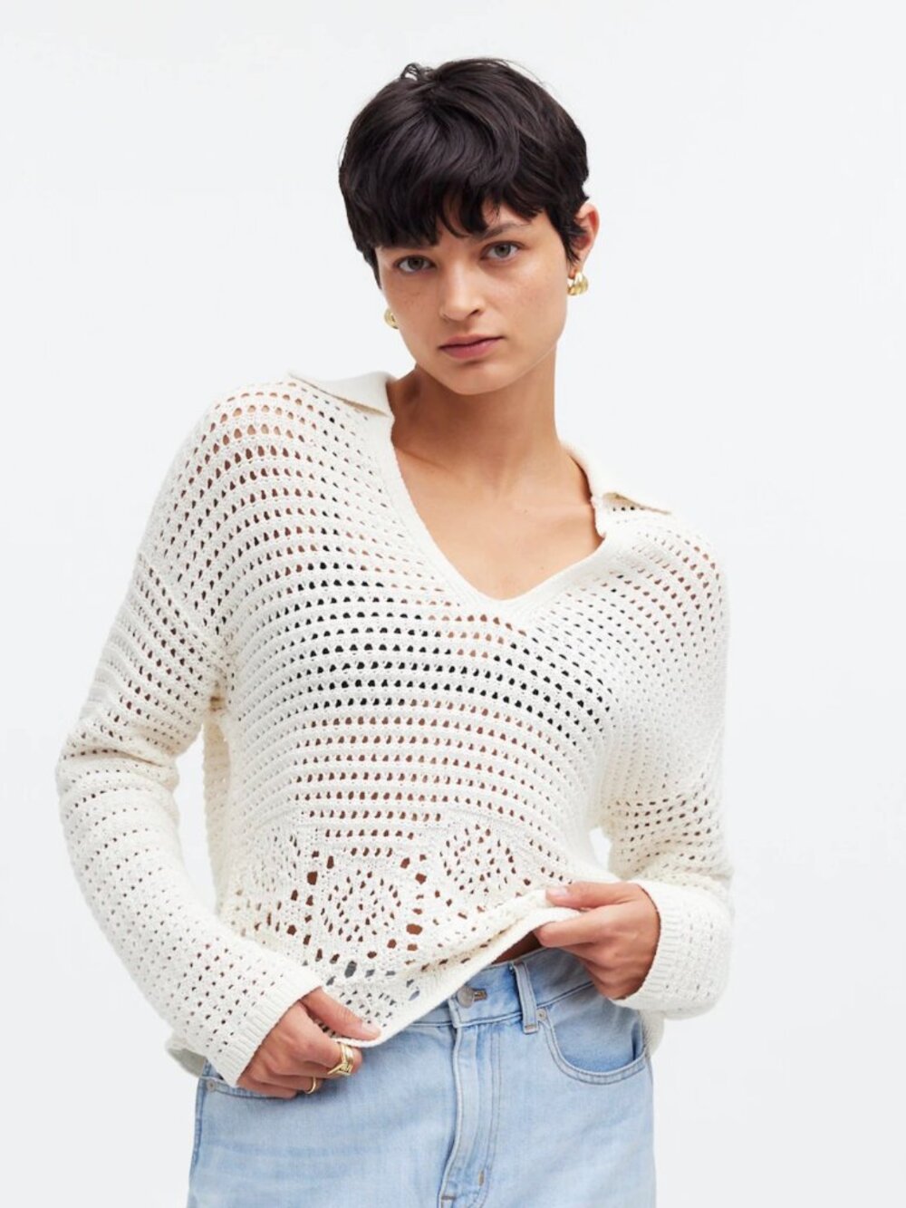 Madewell Ivory Crochet Polo Sweater, 100% Cotton, Size L, Like New Condition